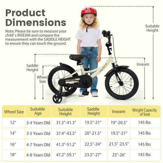 16 Inches Kids Bike Sport Bicycle with Removable Training Wheels - Size: 16 inches