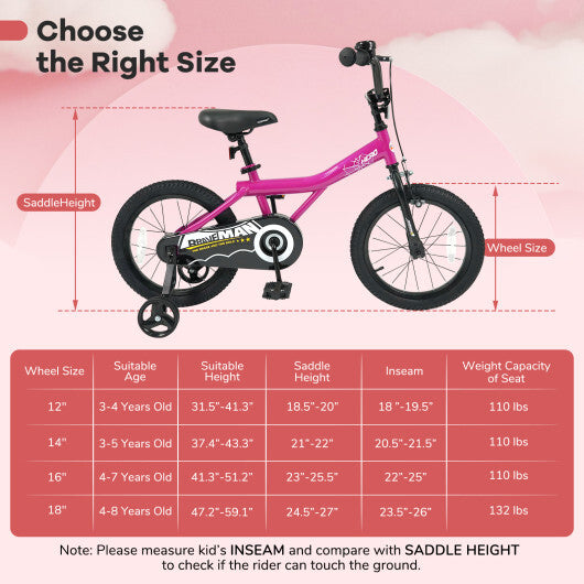 16-Inch Kids Bike with Removable Training Wheels Pink-Brave Hero - Size: 16 inches