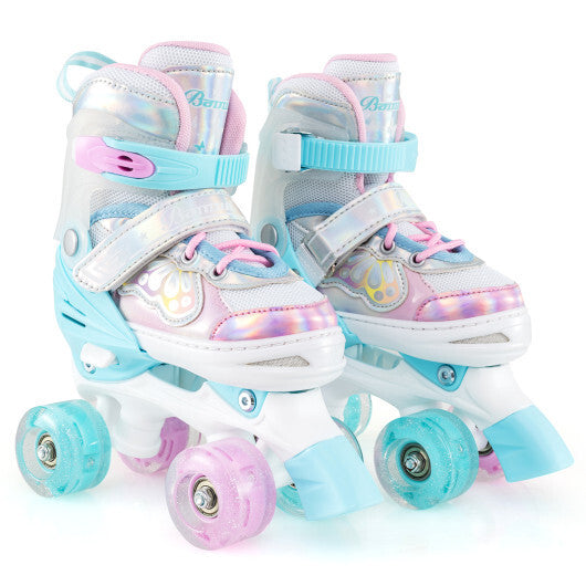 Kids Roller Skates 4 Sizes Adjustable Quad Skates with Light-up Wheels and Safety Protection-Rose Red