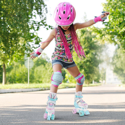 Kids Roller Skates 4 Sizes Adjustable Quad Skates with Light-up Wheels and Safety Protection-Rose Red