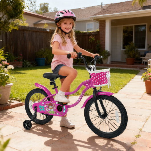 18 Inch Kids Bike with Training Wheels for Aged 3-8 Years Old - Magic Rose - Color: Rose Red - Size: 18 inches