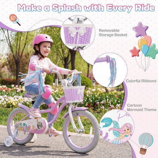 16 Inch Kids Bike Adjustable with Basket and Streamers Purple - Princess of the Sea Theme - Color: Purple - Size: 16 inches