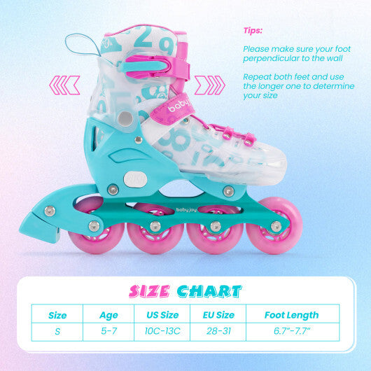 4-Size Adjustable Kids Inline Skates for Beginners Ages 5-7-Blue and Pink