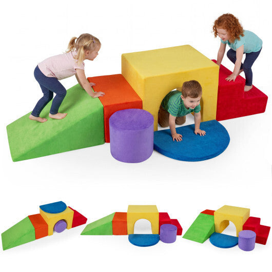 6 Pieces Foam Climbing Blocks for Kids with Slide and Tunnel-Gray
