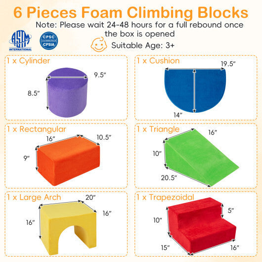 6 Pieces Foam Climbing Blocks for Kids with Slide and Tunnel-Gray