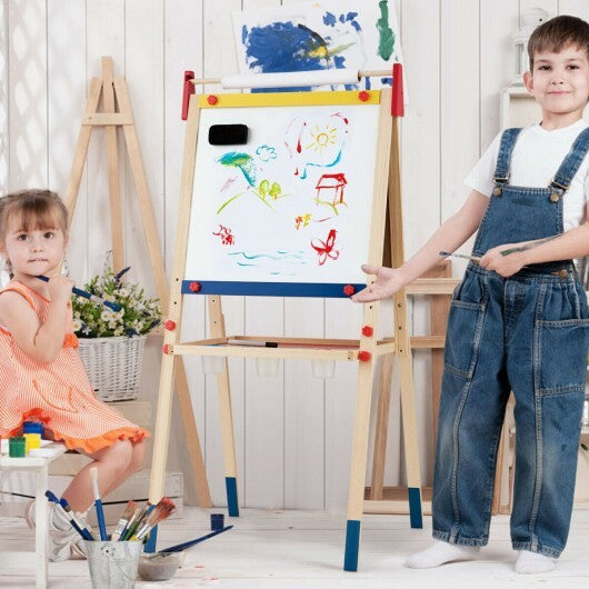 All-in-One Wooden Height Adjustable Kid's Art Easel with Magnetic Stickers and Paper - Color: Multicolor