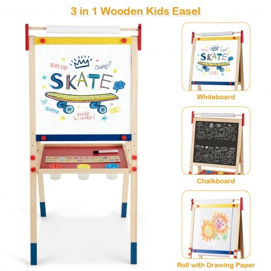 All-in-One Wooden Height Adjustable Kid's Art Easel with Magnetic Stickers and Paper - Color: Multicolor