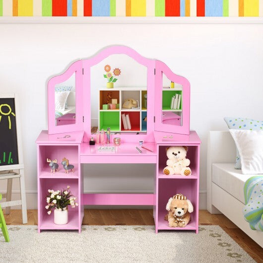 Kids Tri Folding Mirror Makeup Dressing Vanity Table Set-White