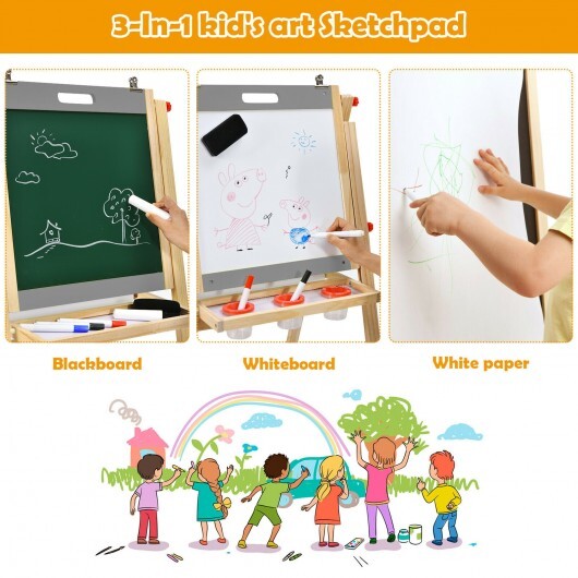 Kids Art Easel with Paper Roll Double Sided Chalkboard and Whiteboard-Gray