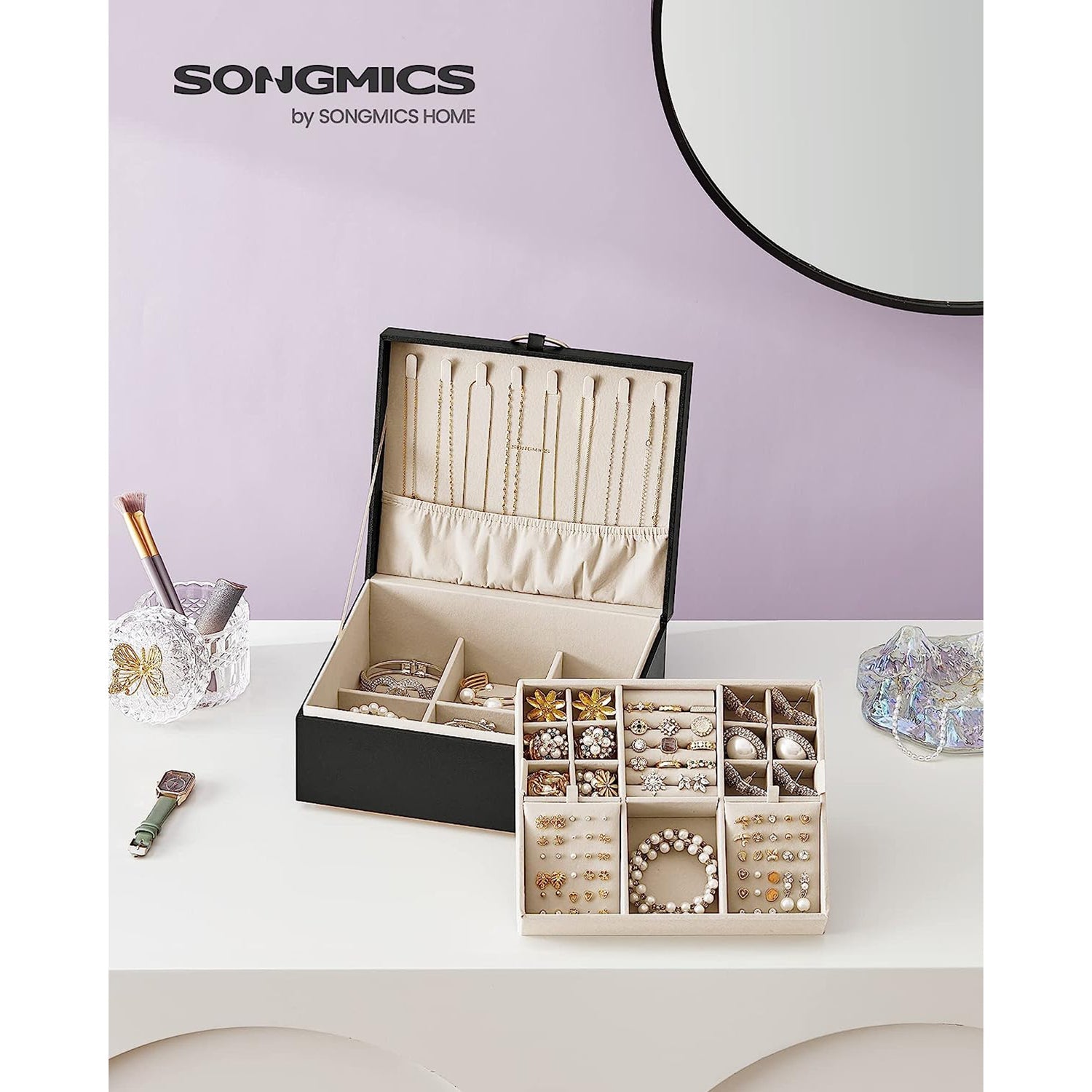 2-Layer Jewelry Box with Handle and Removable Jewelry Tray