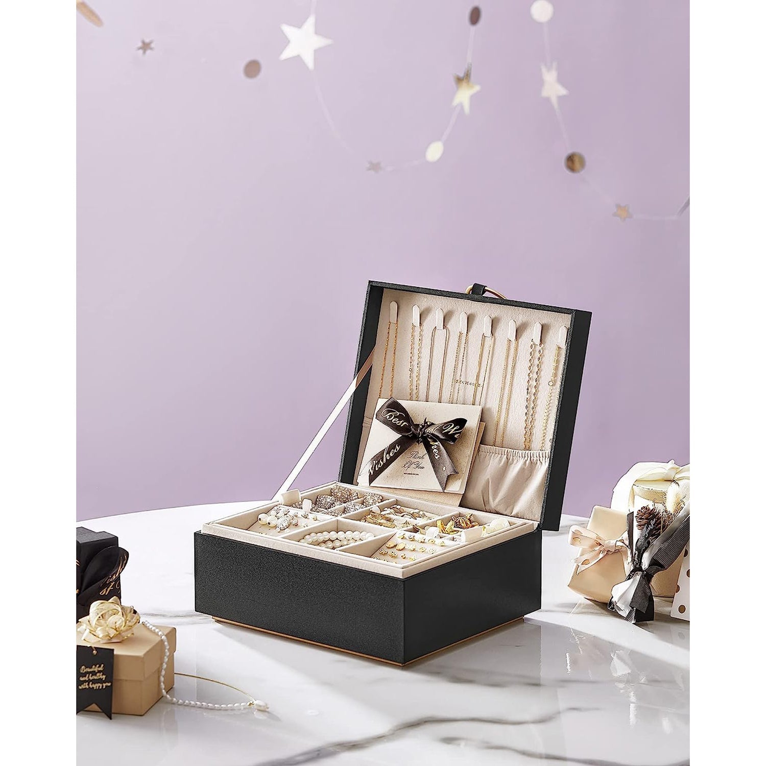 2-Layer Jewelry Box with Handle and Removable Jewelry Tray