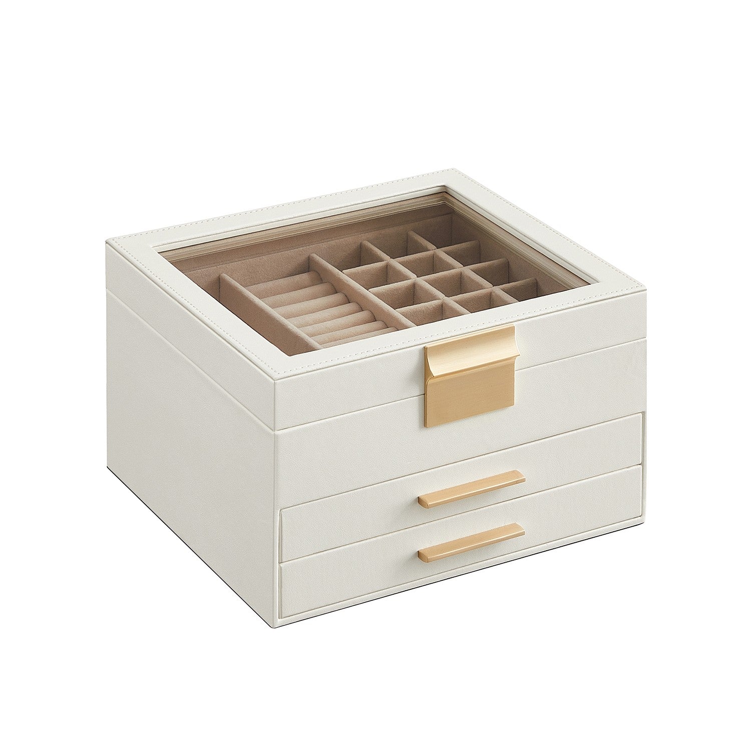 Jewelry Box with Glass Lid, 3-Layer Jewelry Organizer with 2 Drawers, Gift for Loved Ones, White
