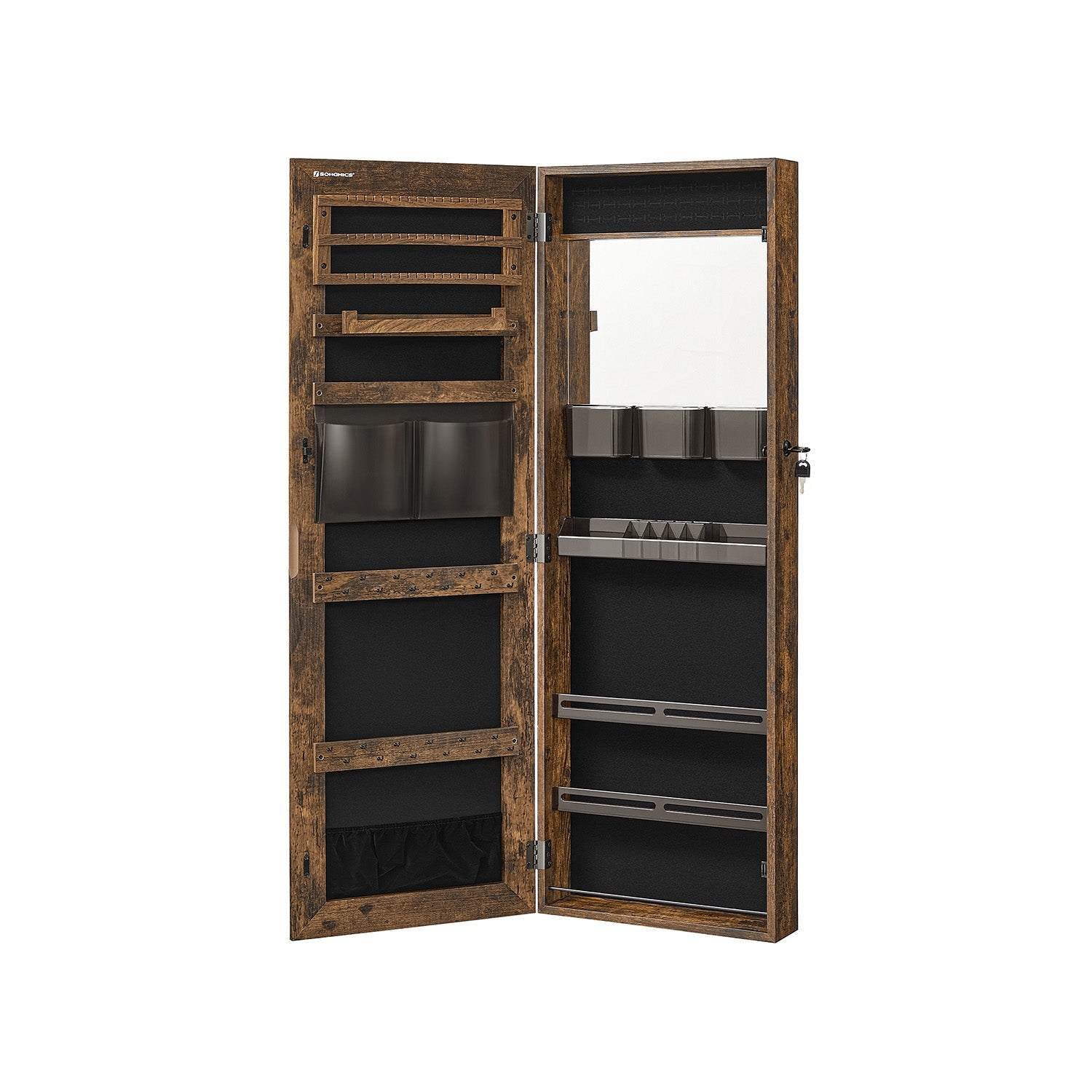 Lockable Jewelry Cabinet Armoire, Wall-Mounted Storage Organizer with Full-Length Frameless Mirror, Door-Mounted Cabinet with Built-in Small Mirror, Shelves Gift Idea, Rustic Brown