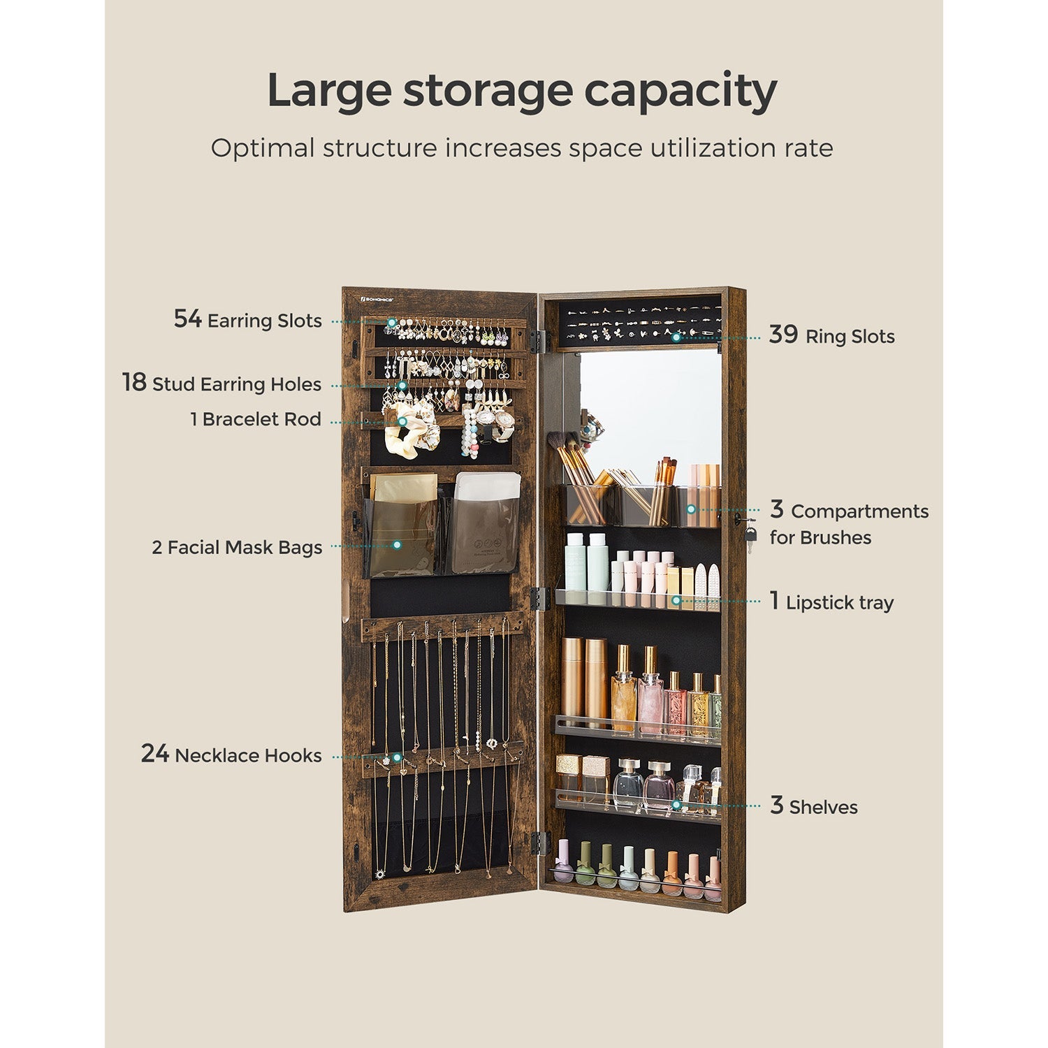 Lockable Jewelry Cabinet Armoire, Wall-Mounted Storage Organizer with Full-Length Frameless Mirror, Door-Mounted Cabinet with Built-in Small Mirror, Shelves Gift Idea, Rustic Brown