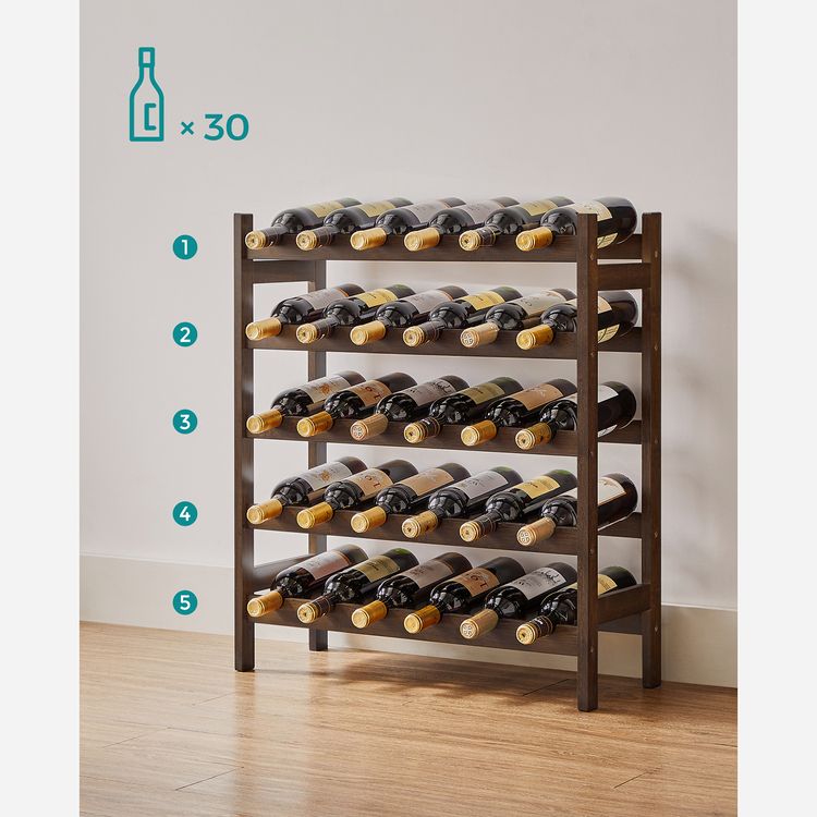 30-Bottle Wine Rack, 5-Tier Freestanding Floor Bamboo Wine Holder, Display Stand Shelves