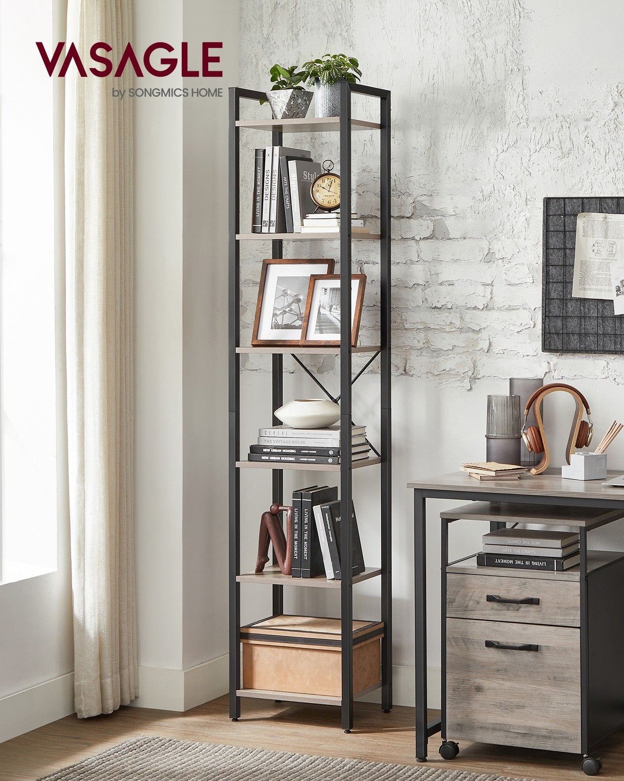 6-Tier TNarrow Bookcase with Steel Frame