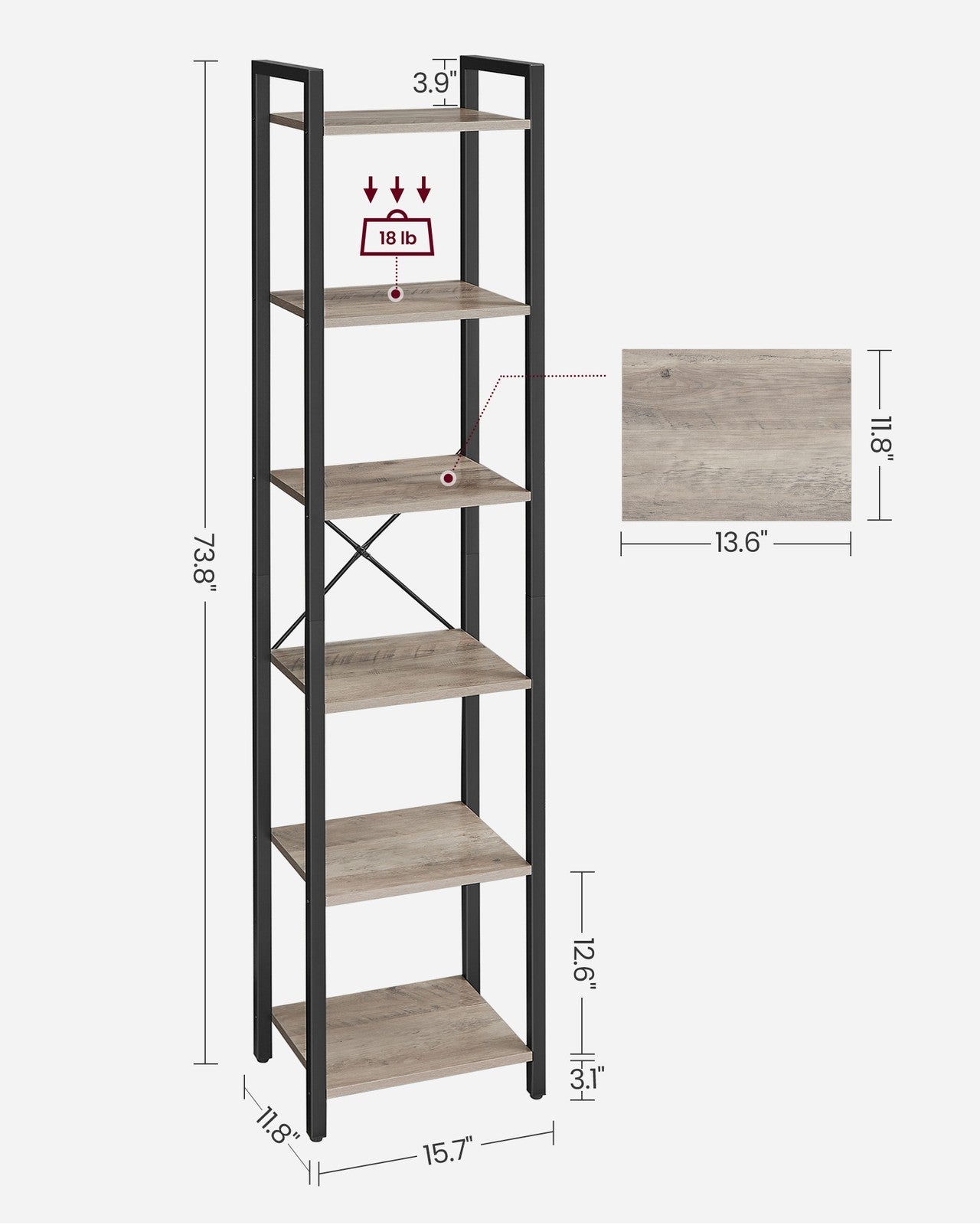 6-Tier TNarrow Bookcase with Steel Frame