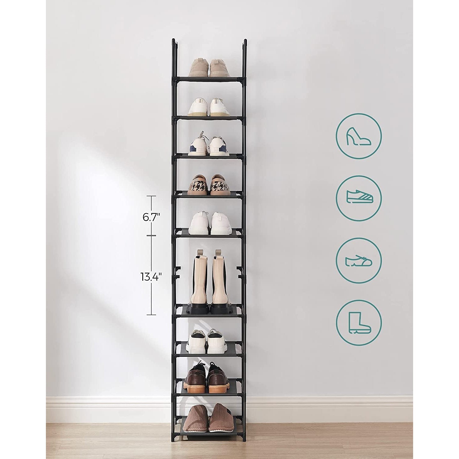 10-Tier Shoe Shelf with Metal Frame