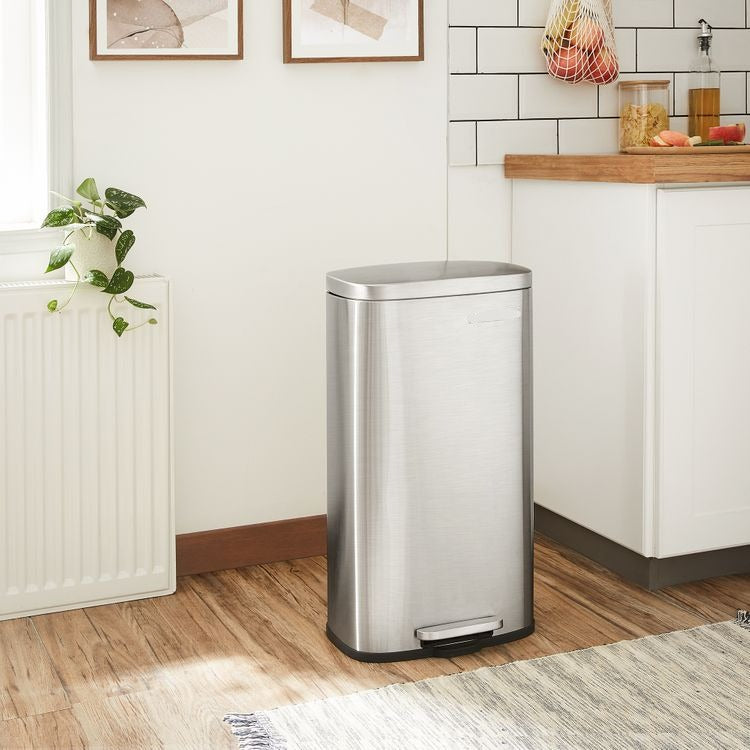 Trash Can, Kitchen Trash Can, Stainless Steel Garbage Can, with Hinged Lid, 8 Gal (30L)
