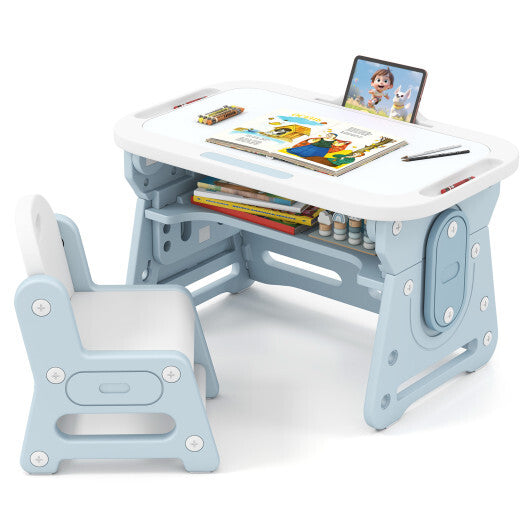 Height Adjustable Kids Table and Chair Set with Tiltable Whiteboard and Concave Shelf-Gray