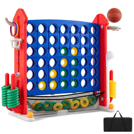 4-in-1 Height Adjustable Row Connect Game with Mesh Net and Carrying Bag-Blue