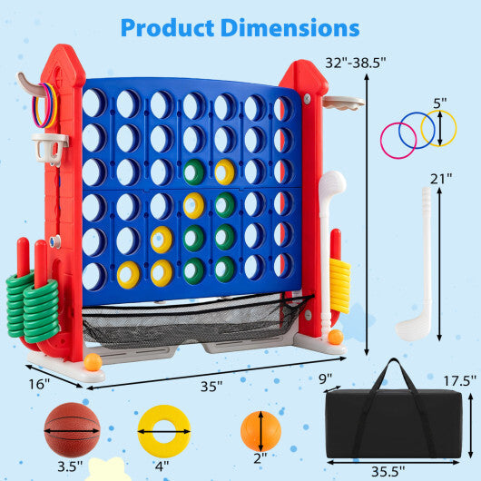 4-in-1 Height Adjustable Row Connect Game with Mesh Net and Carrying Bag-Blue