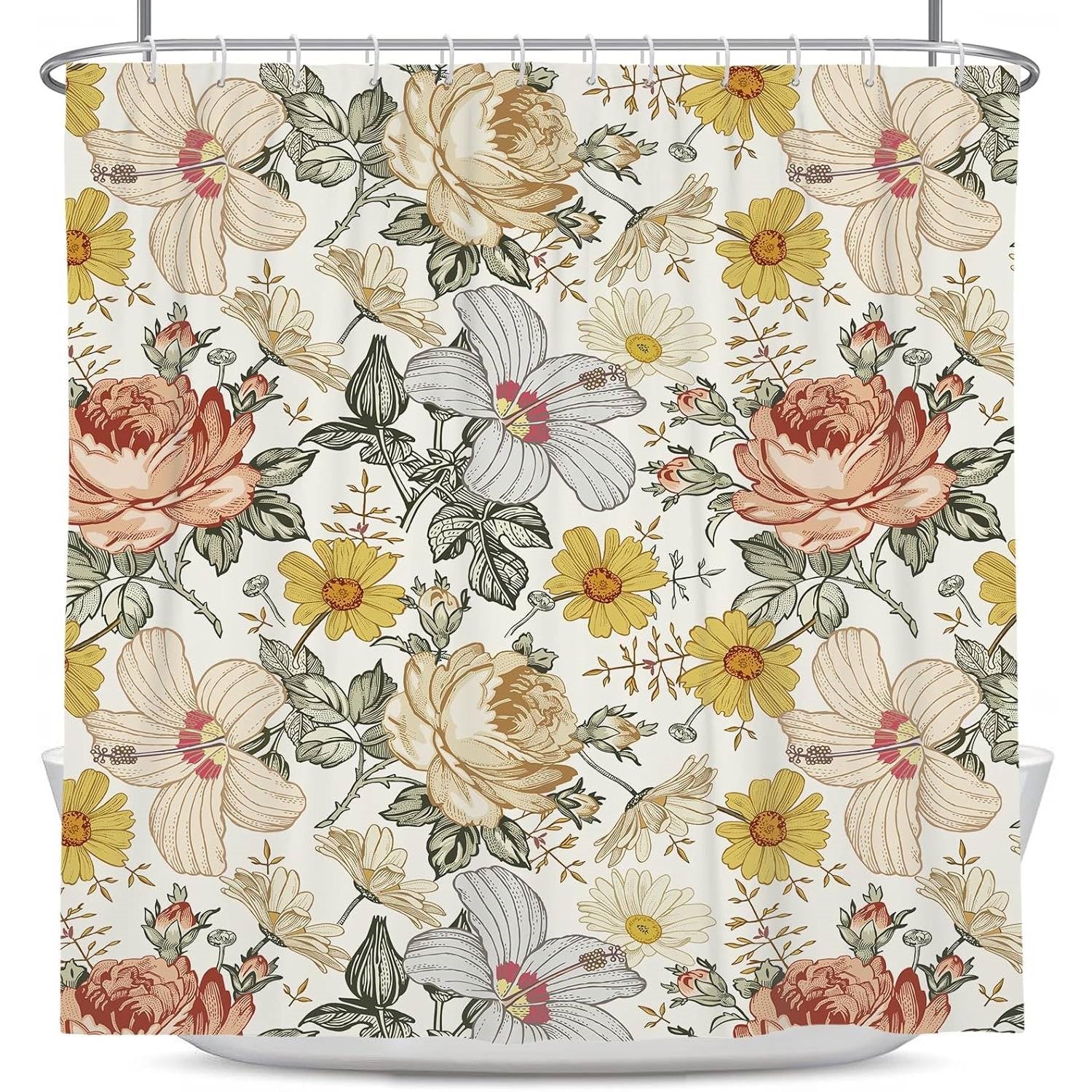 72"W x 72"H Vintage Floral Peony Yellow/Pink Polyester Shower Curtain