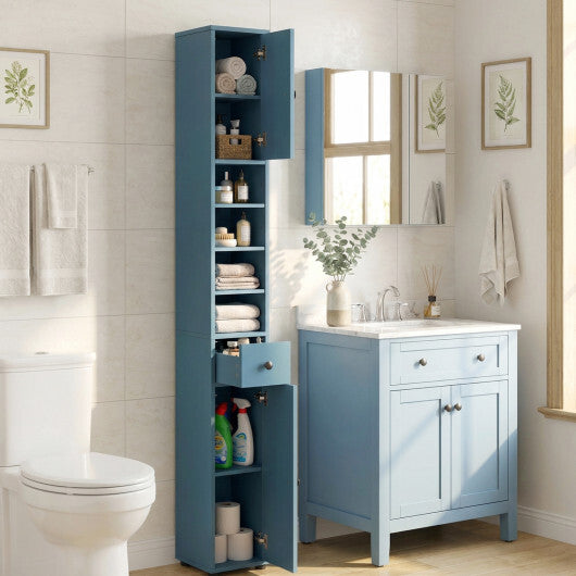 Costway Freestanding Slim Bathroom Cabinet with Drawer and Adjustable Shelves-Blue