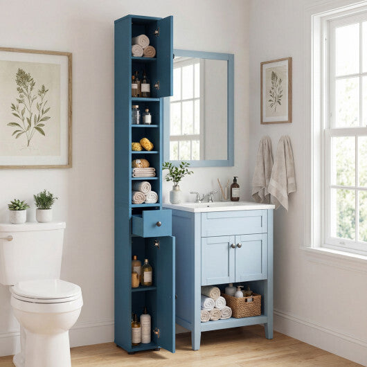 Costway Freestanding Slim Bathroom Cabinet with Drawer and Adjustable Shelves-Blue