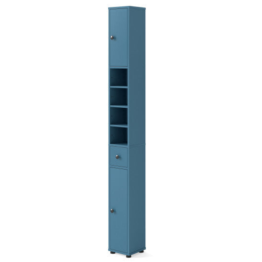 Costway Freestanding Slim Bathroom Cabinet with Drawer and Adjustable Shelves-Blue