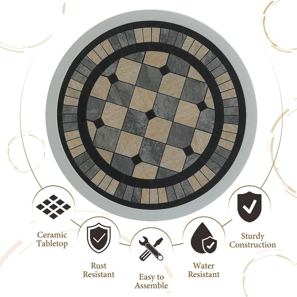 Round Ceramic Tile Outdoor Patio Bistro Table with Off White Metal Base