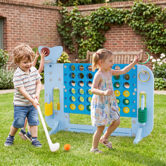 Costway 4-in-a-Row Game Set with Ring-toss Basketball Golf Club & Balls 2 Cups Holders Blue