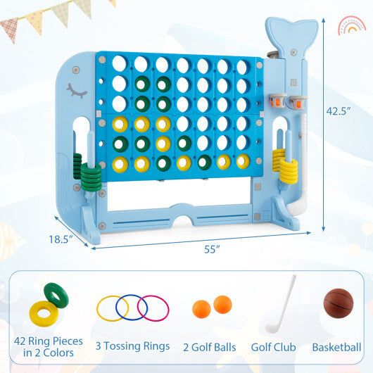 Costway 4-in-a-Row Game Set with Ring-toss Basketball Golf Club & Balls 2 Cups Holders Blue