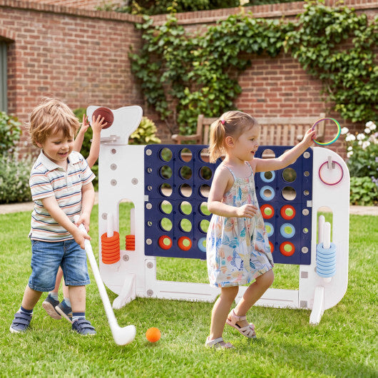 Costway 4-in-a-Row Game Set with Ring-toss Basketball Golf Club & Balls 2 Cups Holders Navy
