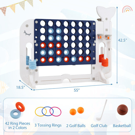 Costway 4-in-a-Row Game Set with Ring-toss Basketball Golf Club & Balls 2 Cups Holders Navy