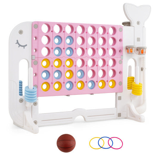 Costway 4-in-a-Row Game Set with Ring-toss Basketball Golf Club & Balls 2 Cups Holders Pink