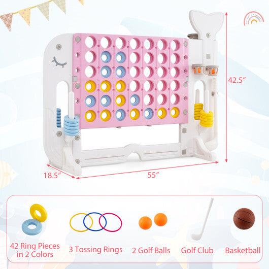 Costway 4-in-a-Row Game Set with Ring-toss Basketball Golf Club & Balls 2 Cups Holders Pink