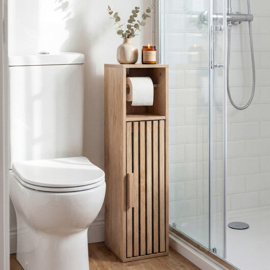 Costway Slim Bathroom Cabinets Freestanding Toilet Paper Holder Stand with Door-Natural