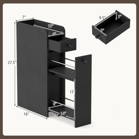 Small Bathroom Storage Cabinet 4-Tier with Slide Out Drawers on Casters-Black