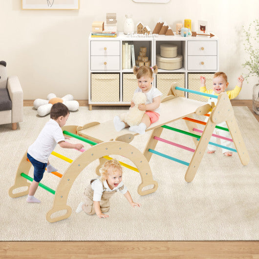 Costway 5-in-1 Wooden Kids Climber Toys with Triangle Arch Ramp-Multicolor