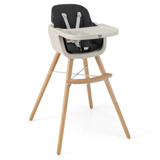 Babyjoy 3 in 1 Convertible Wooden High Chair Toddler Feeding Chair with Cushion Black