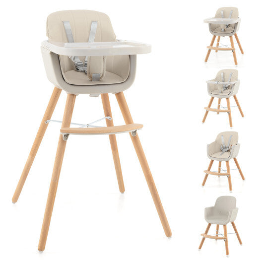 Babyjoy 3 in 1 Convertible Wooden High Chair Toddler Feeding Chair with Cushion Beige