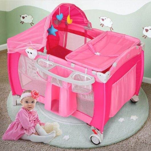 Foldable Baby Crib Playpen Travel Infant Flat Bassinet Bed Mosquito Net Music with Bag Pink