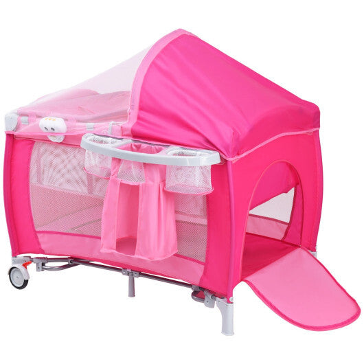 Foldable Baby Crib Playpen Travel Infant Flat Bassinet Bed Mosquito Net Music with Bag Pink