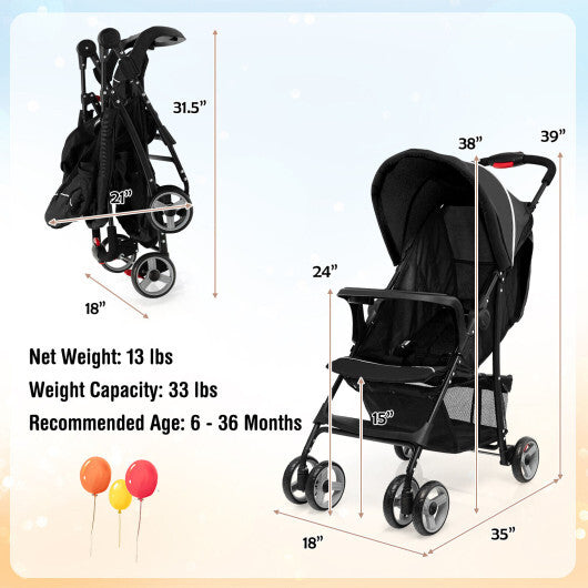 Foldable Lightweight Baby Stroller Travel Pushchair 0-36 Months Age Group 13 lbs Black