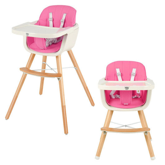 Babyjoy 3 in 1 Convertible Wooden High Chair Toddler Feeding Chair with Cushion Pink