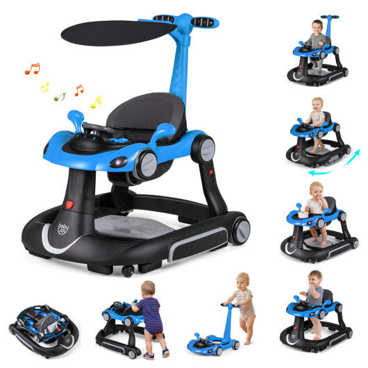 Costway 6-in-1 Baby Walker with Canopy Portable Activity Center Bouncer Rocker Combo with Music-Blue