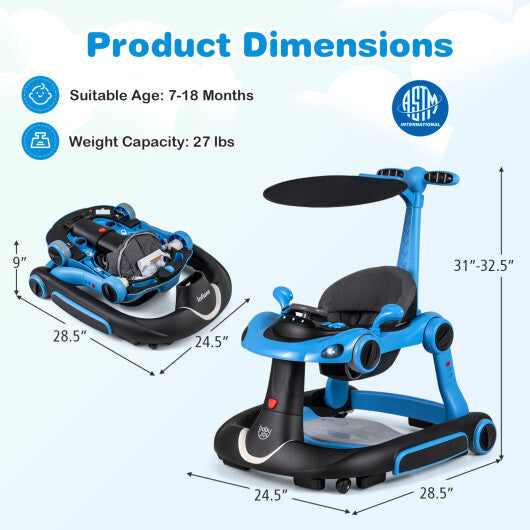 Costway 6-in-1 Baby Walker with Canopy Portable Activity Center Bouncer Rocker Combo with Music-Blue