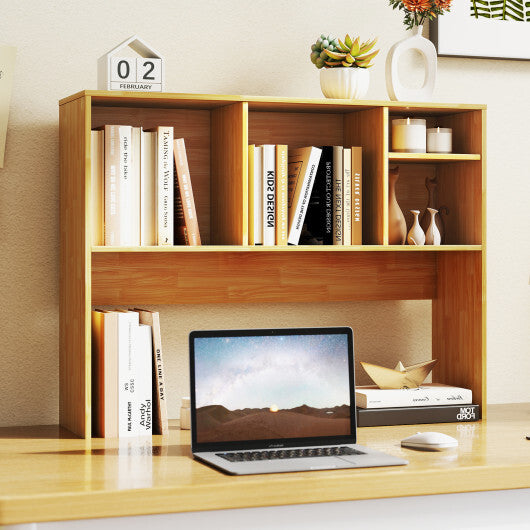 Computer Desktop Bookcase with 4 Cubbies and Open Back Compartment-Beige