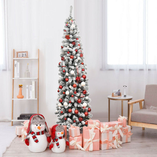 7.5Ft Pre-lit Snow Flocked Artificial Pencil Christmas Tree with 350 LED Lights